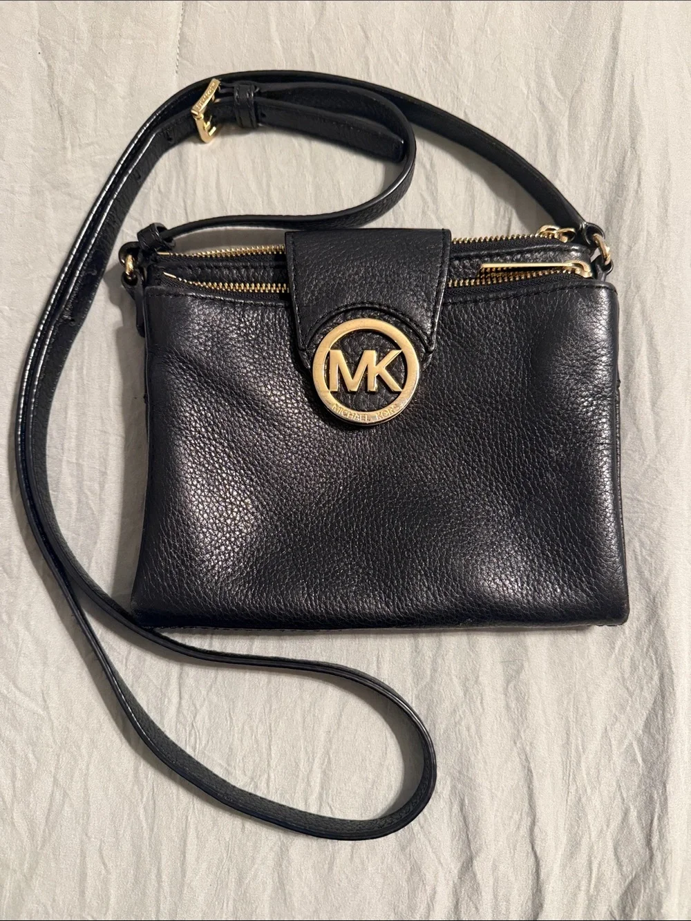 Michael Kors Black Leather Crossbody with Gold MK Accent